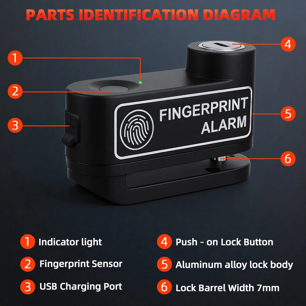 Parts identification diagram showing components of a fingerprint alarm disc brake lock device.
