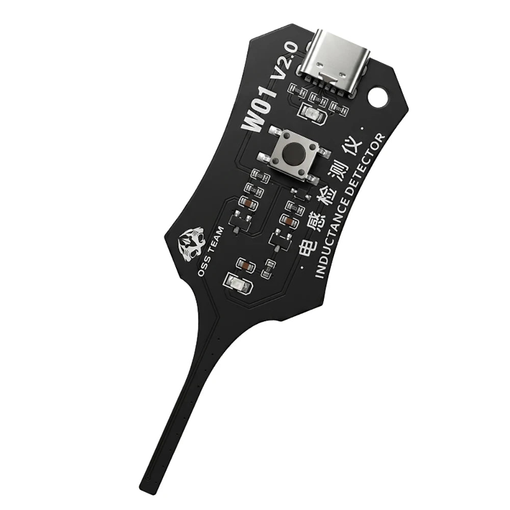 A black electronic device labeled W01 V2.0 with a metal connector and text indicating an inductance detector.
