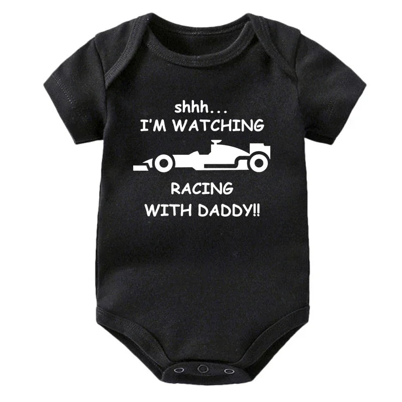 Funny Racing Baby Bodysuit - 'Watching Racing with Daddy' Newborn Romper