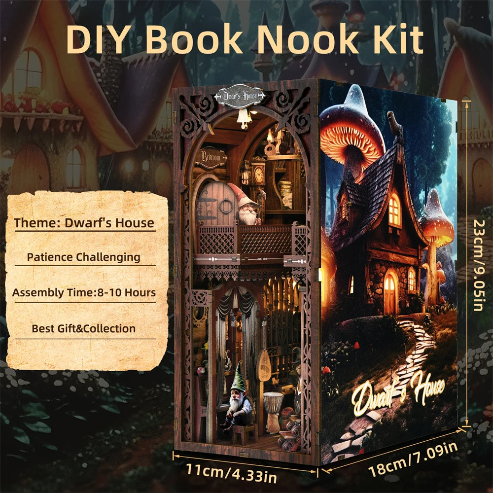 DIY Book Nook Kit featuring a detailed dwarf's house scene with wooden elements and LED lighting.