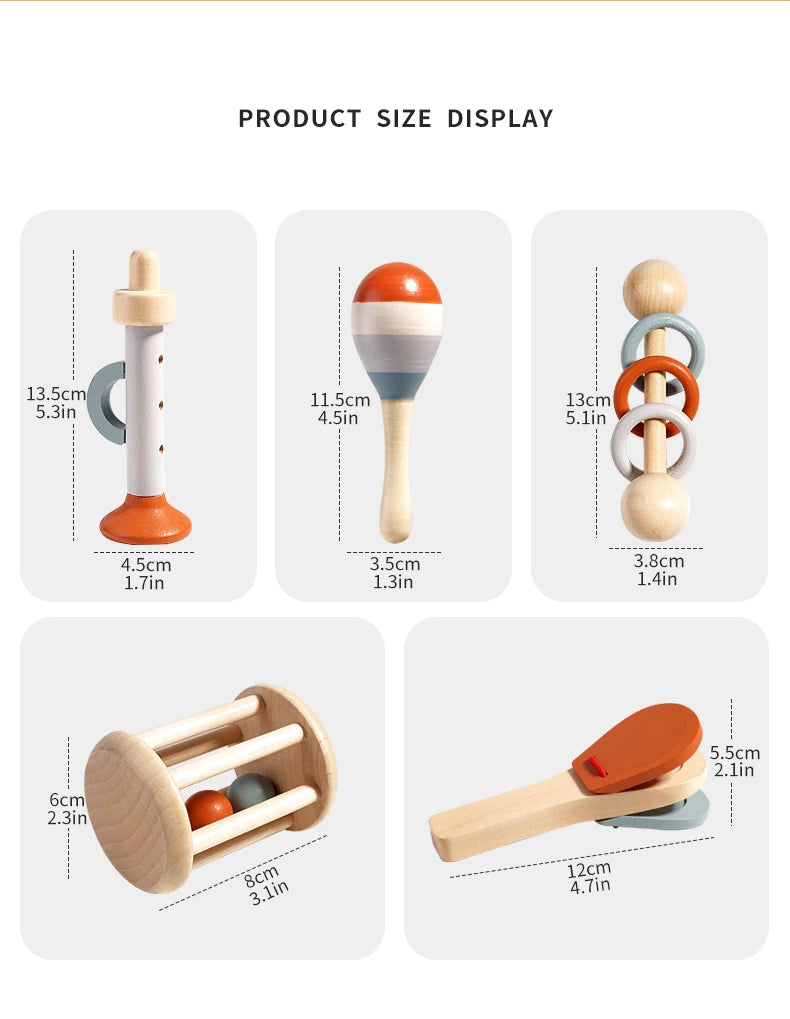 Display of wooden baby rattle bells and a wooden spatula for baby sensory play.