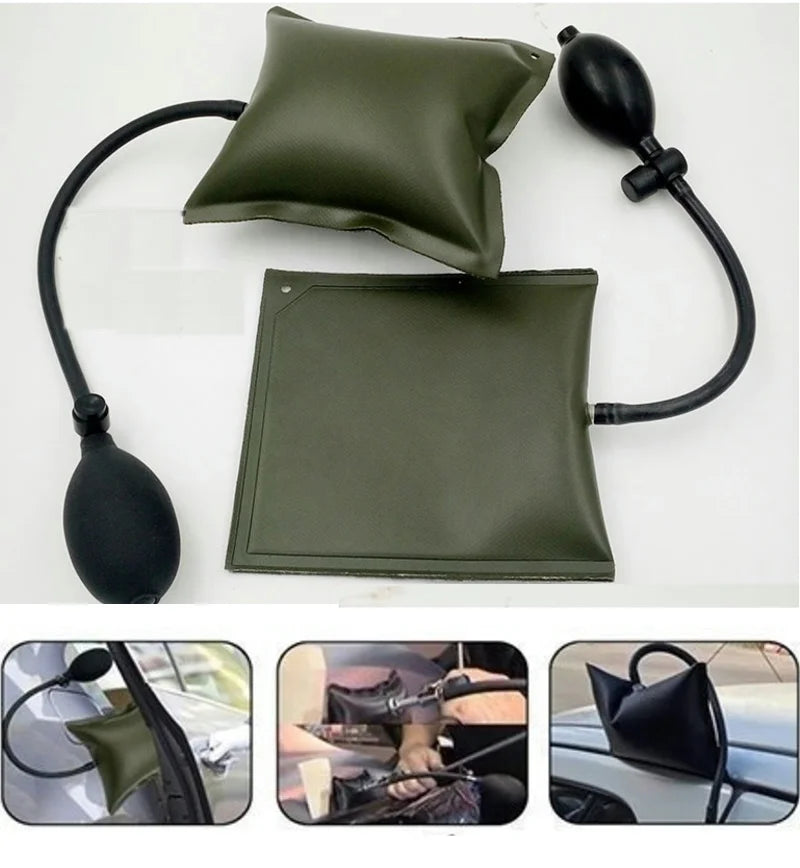 A dark olive green inflatable air wedge tool used for repairing car doors and windows.
