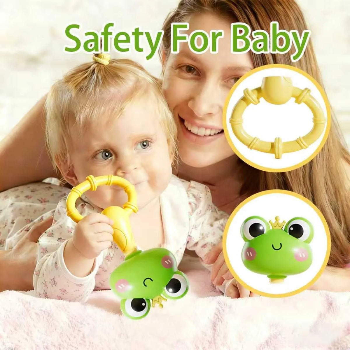 A baby is holding a yellow animal rattle teether toy with a mother, demonstrating safety for baby.