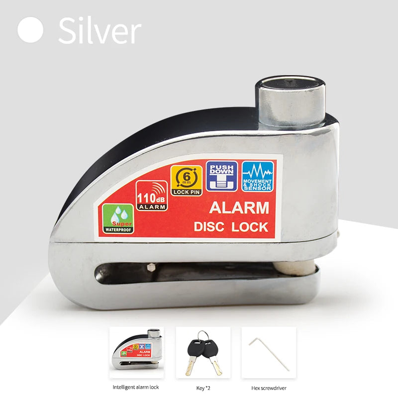 Freno de disco de plata con alarma y mecanismo de empuje, mostrado con llave y destornillador hexagonal.