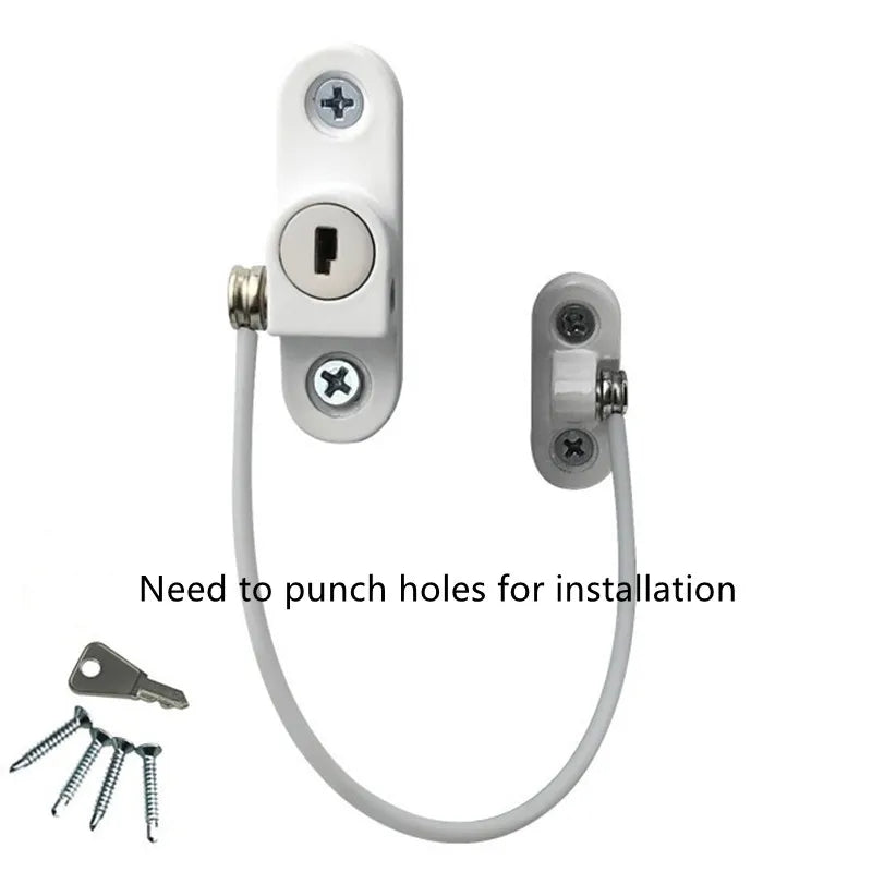 A white universal safety window and door lock with a flexible cord and mounting hardware for installation.