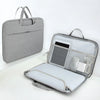 A gray universal laptop sleeve case for 11-16 inch notebooks, shown closed and open displaying a padded interior.