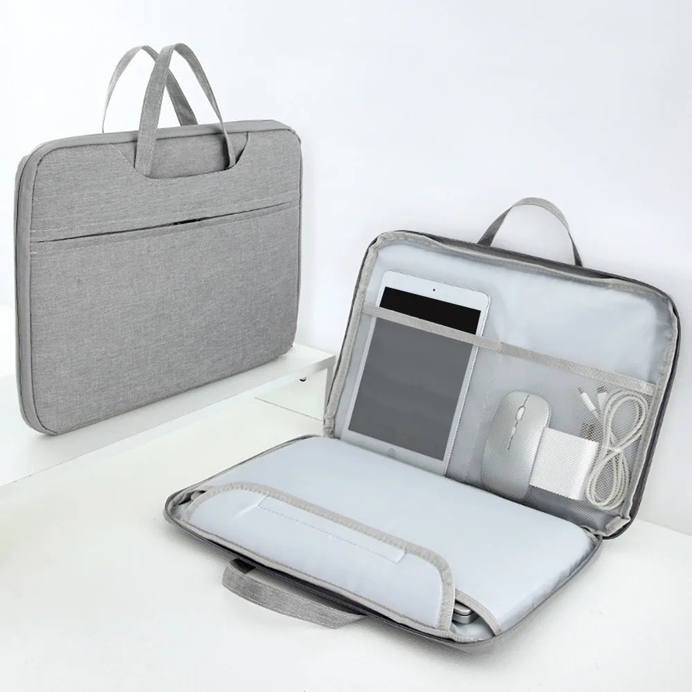 A gray universal laptop sleeve case for 11-16 inch notebooks, shown closed and open displaying a padded interior.