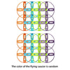 A grid of colorful pull-string flying saucers, showing various combinations of orange, blue, green, and purple.