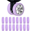 A set of four purple silicone wheel protectors for caster wheels.
