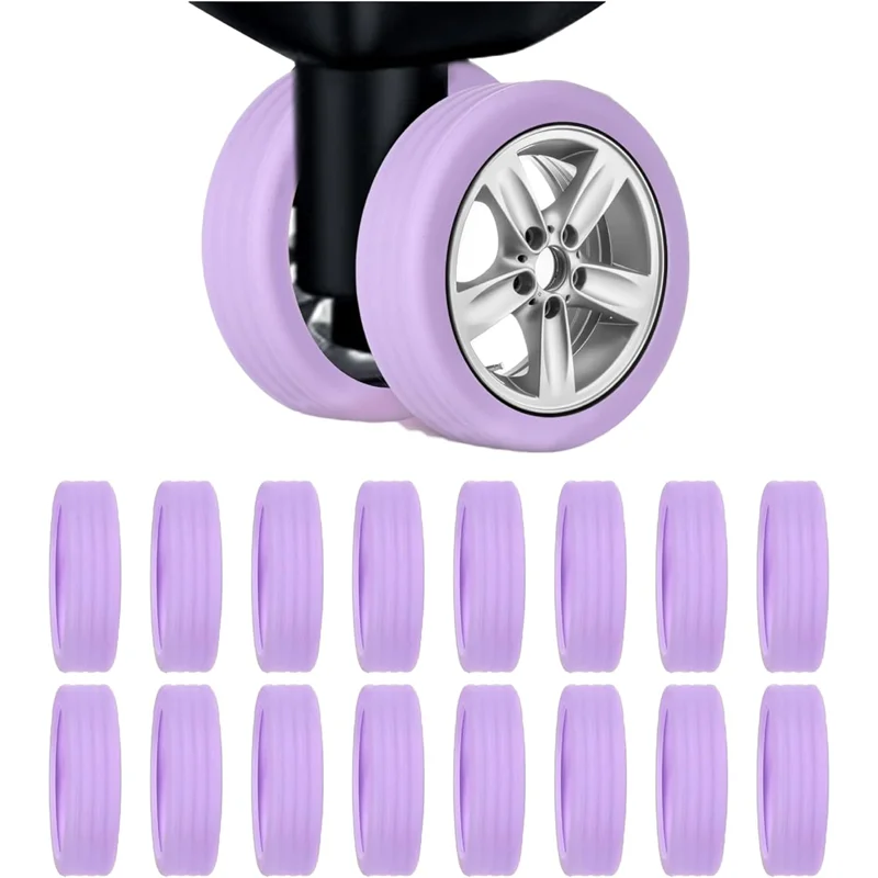 A set of four purple silicone wheel protectors for caster wheels.