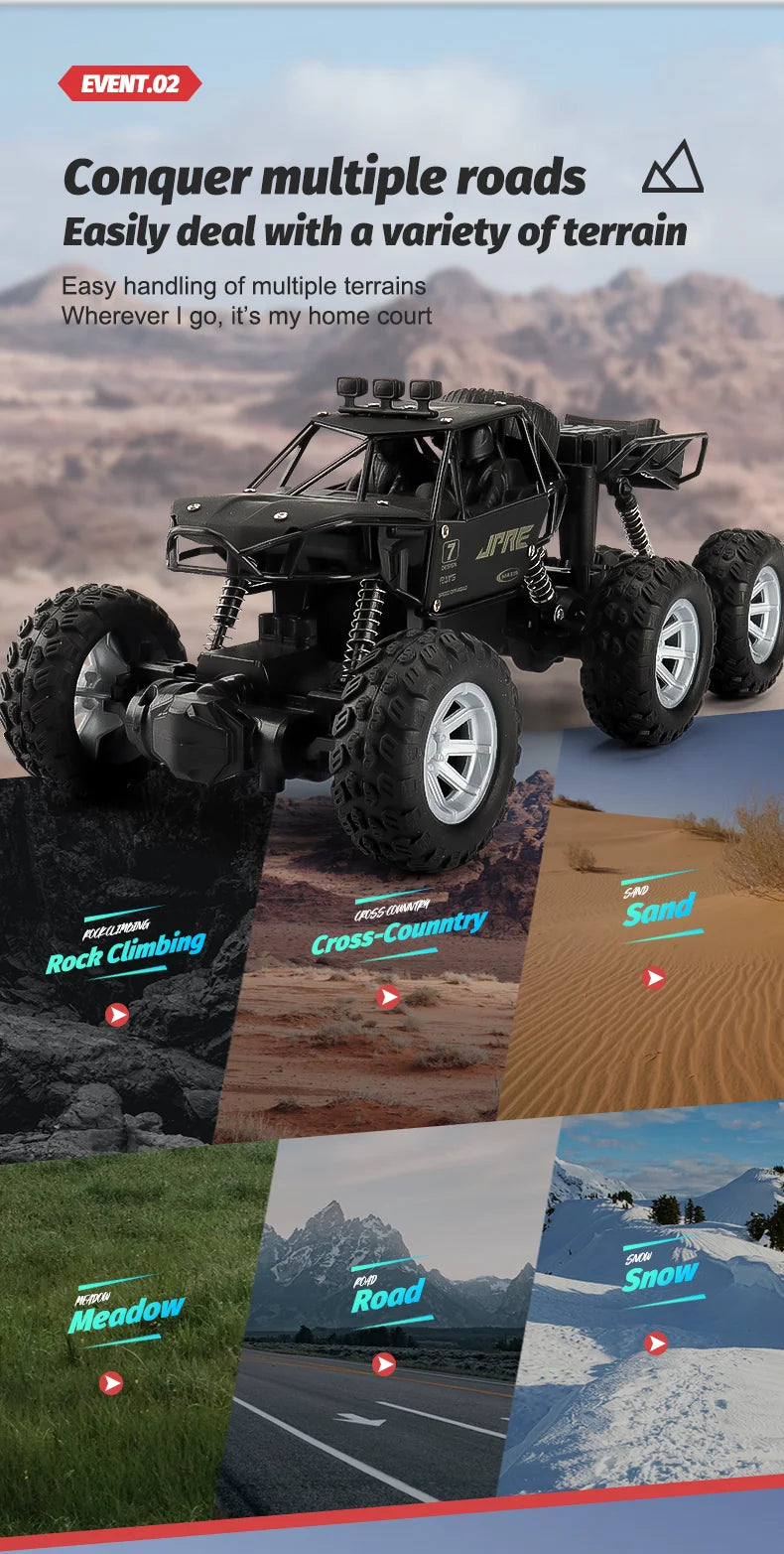 A black six-wheel drive off-road RC car is shown conquering various terrains like rock, sand, and snow.
