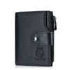 Black men's genuine leather RFID blocking wallet with a coin pocket and zipper.