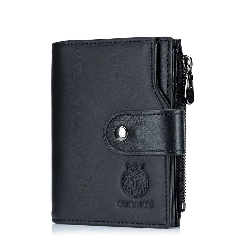 Black men's genuine leather RFID blocking wallet with a coin pocket and zipper.