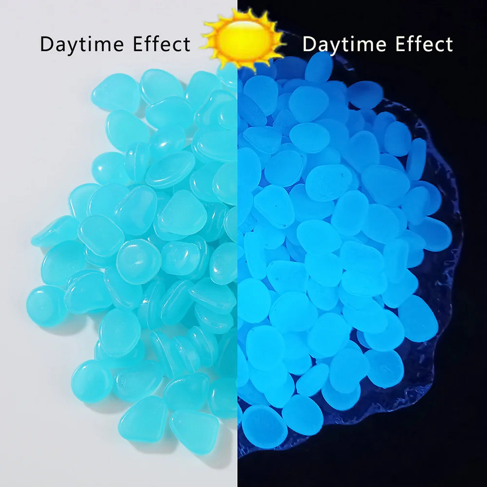 A comparison of glow-in-the-dark resin pebbles under daylight, showing a transition from light blue to bright blue.