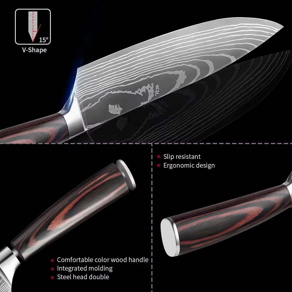 A V-shaped stainless steel kitchen knife blade with a wooden handle, showing its design and features.