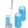 A silver wall-mounted disposable toilet brush set with a blue silicone brush head and holder.