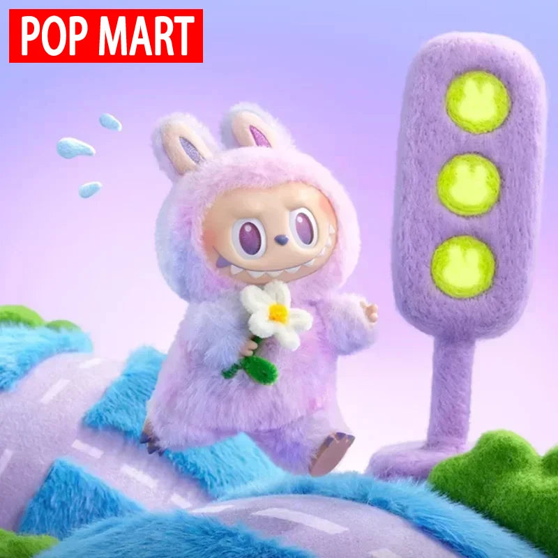 A fluffy purple Labubu plush doll with white flower accessory standing in a soft green and blue landscape.