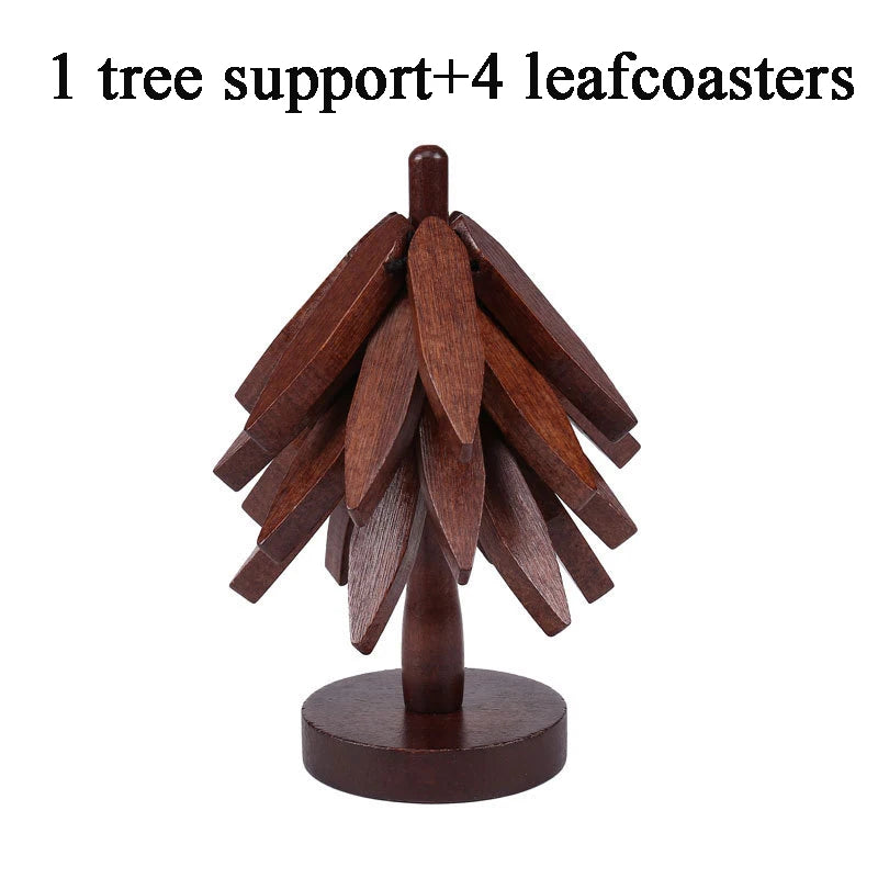 A wooden tree design set featuring one tree support and four leaf coasters.
