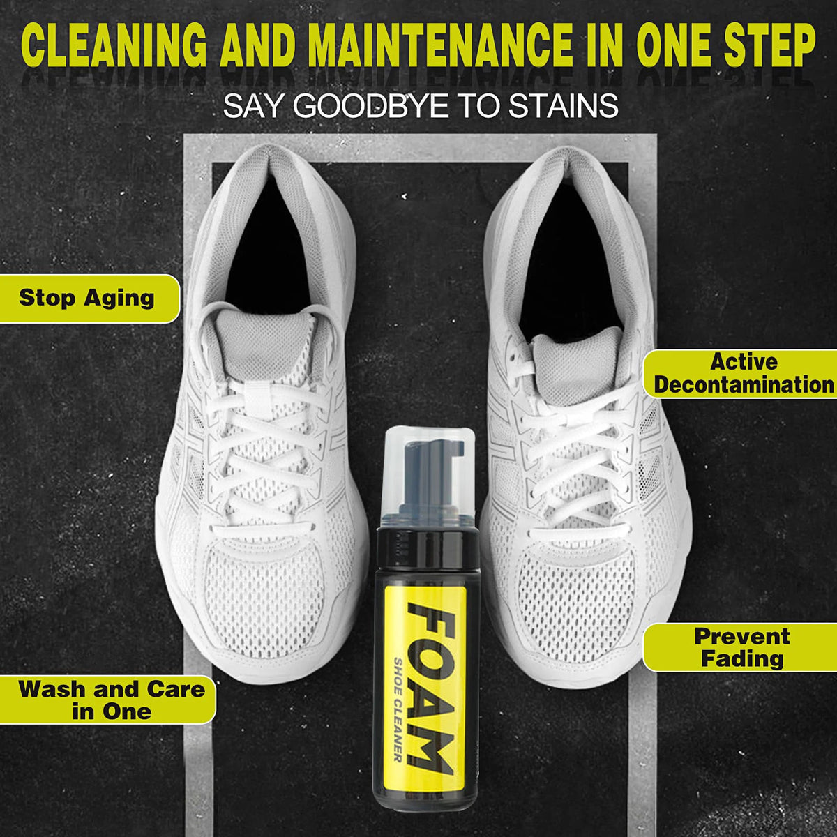 A pair of white athletic shoes is shown next to a bottle of foam cleaner with text promoting cleaning and maintenance.