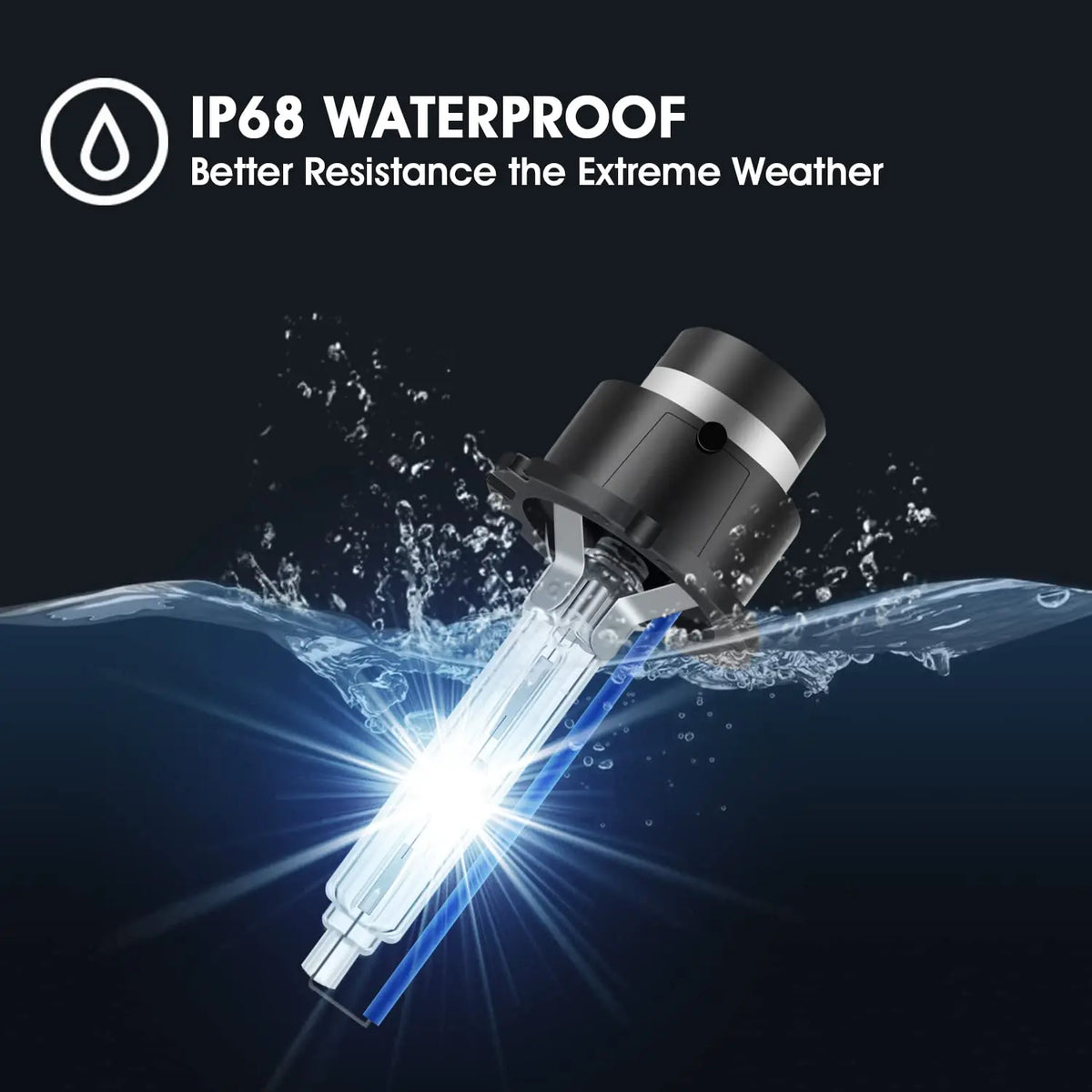 A bright HID Xenon headlight bulb kit is shown underwater, demonstrating its IP68 waterproof resistance.