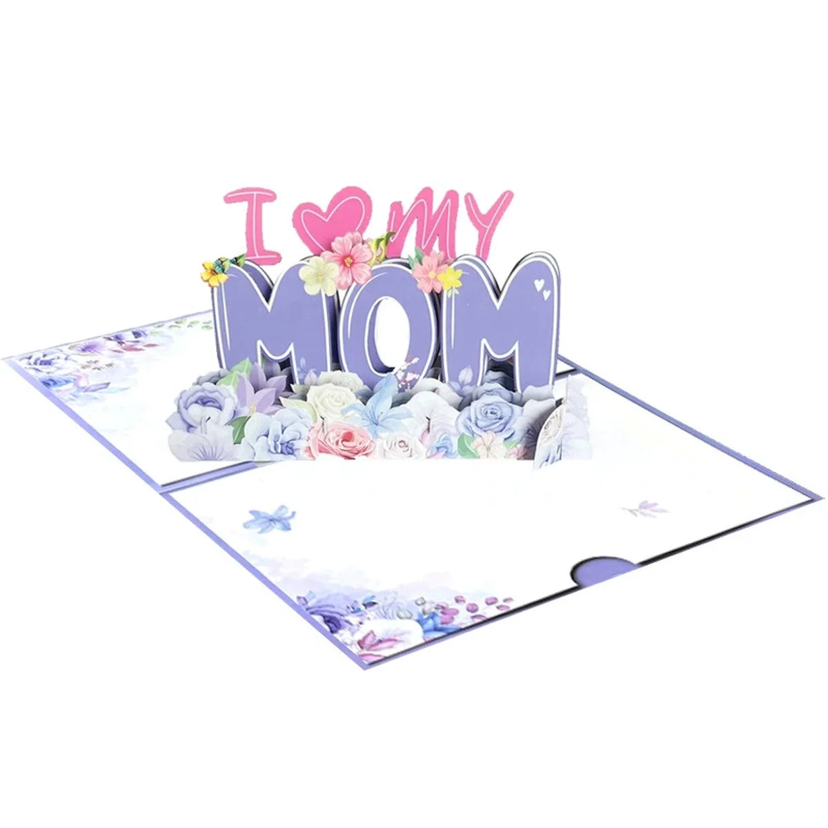 A 3D pop-up birthday card featuring the words I love my mom decorated with pink flowers and presented in an envelope.