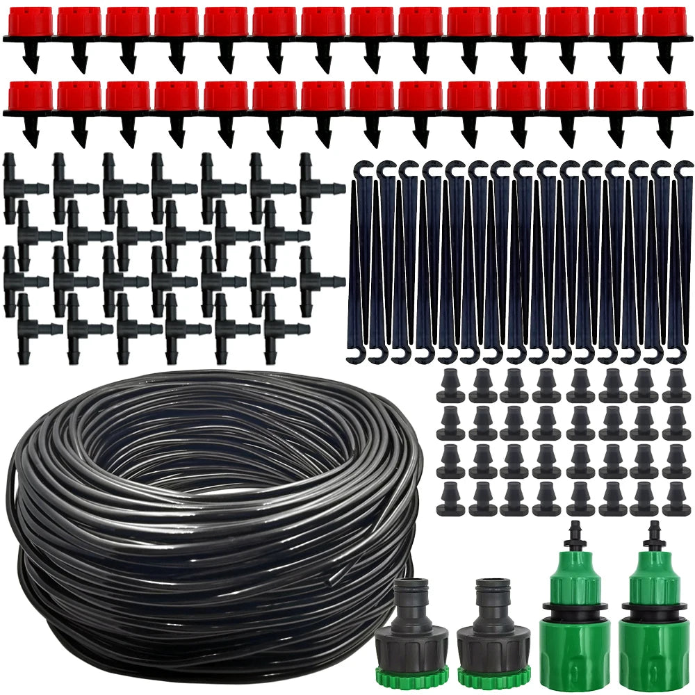 A collection of black and red micro drip irrigation components including emitters, tubing, and connectors.