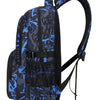 A black backpack set for boys featuring a main bag, lunch bag, and pencil case with a blue and black abstract pattern.