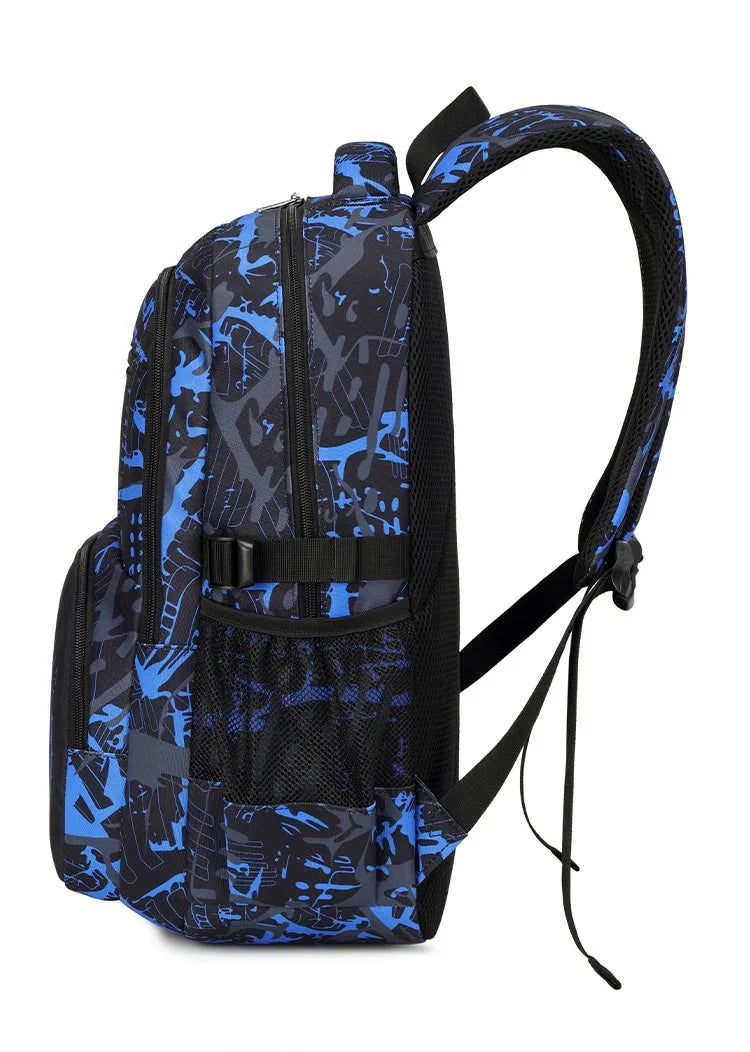 A black backpack set for boys featuring a main bag, lunch bag, and pencil case with a blue and black abstract pattern.