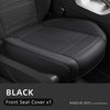 Black front seat cover for a car seat, showing the texture and stitching of the leather material.