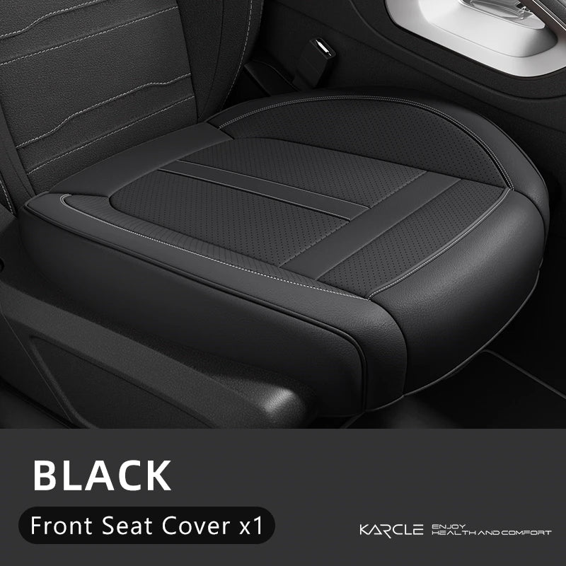 Black front seat cover for a car seat, showing the texture and stitching of the leather material.