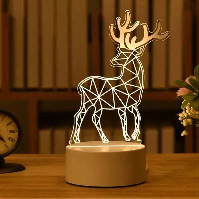 A glowing wireframe deer silhouette night light lamp displayed on a wooden surface.