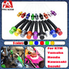 A set of nine colored motorcycle fuel tank breather valves for KTM, Yamaha, Honda, Kawasaki, and Suzuki.
