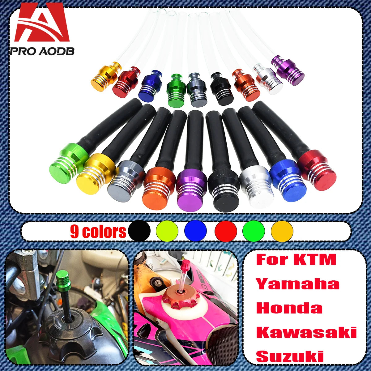 A set of nine colored motorcycle fuel tank breather valves for KTM, Yamaha, Honda, Kawasaki, and Suzuki.