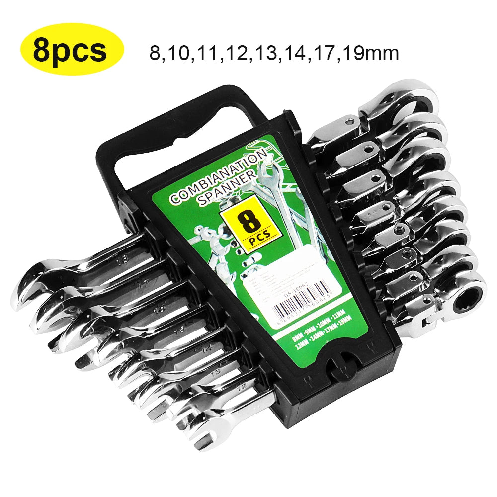 Ratcheting Spanner Set with Flexible Head – 72-Tooth Design