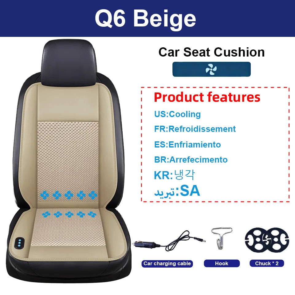Q6 Beige car seat cushion with features for cooling, re-dissement, and massage.