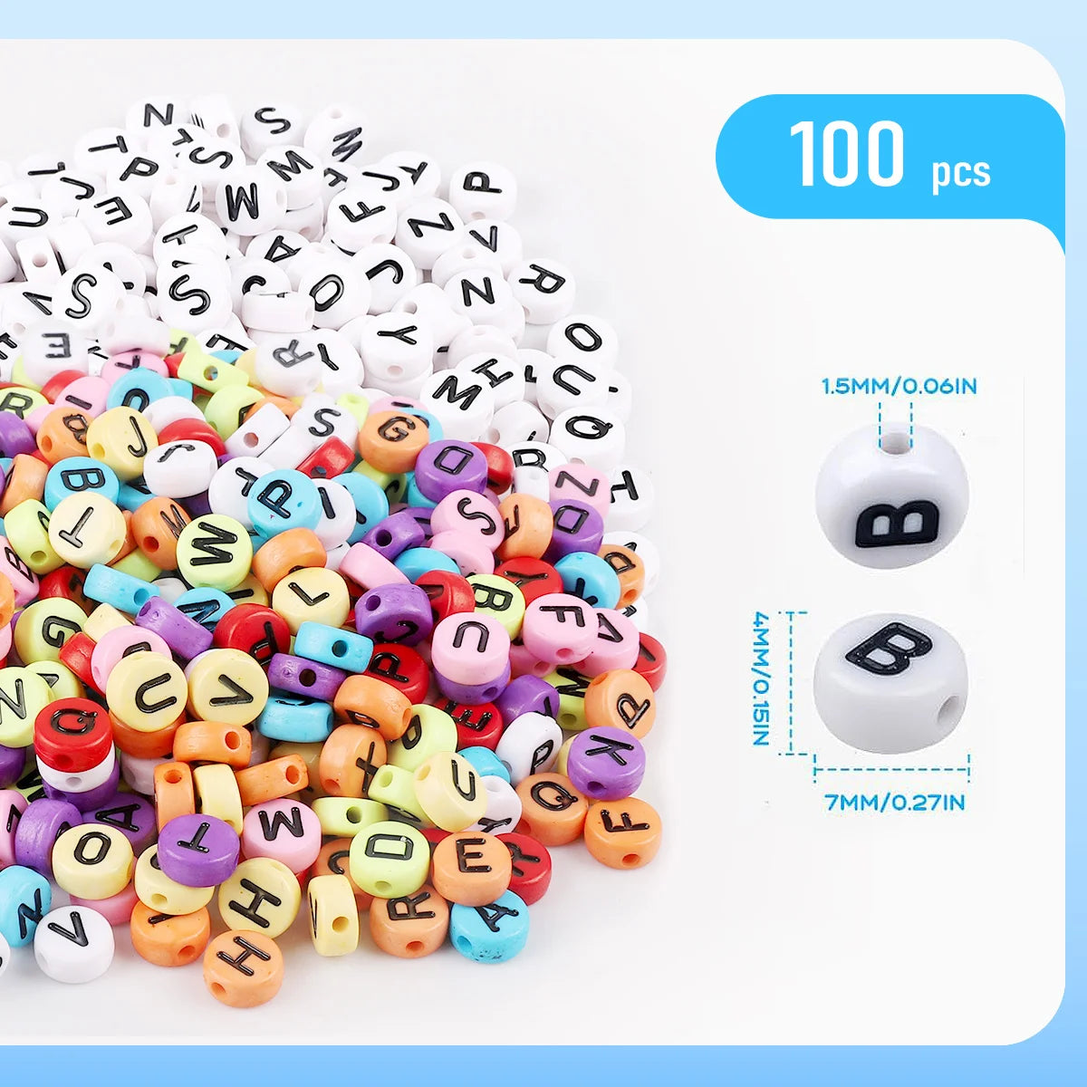 A pile of 100 white and colored acrylic alphabet letter beads for jewelry making