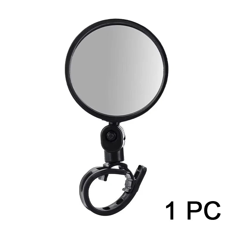 A circular, adjustable rearview mirror with a black mounting bracket.