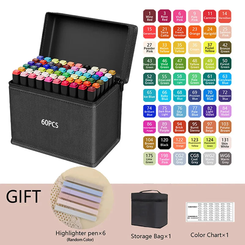 A black storage box containing 60 paint pens and a color chart for an alcohol marker set