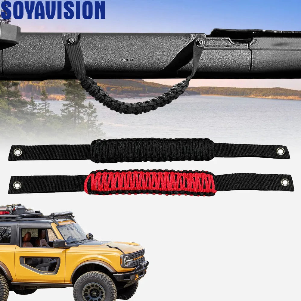 Durable paracord grab handles for a Ford Bronco, shown attached to the vehicle frame.