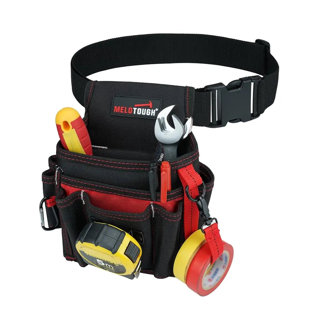 Black tool belt with a MOLTOUGH brand pouch holding various tools including pliers and a yellow and red tool.