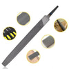 A 6-inch flat diamond file for chainsaw sharpening shown with various views and accessories.