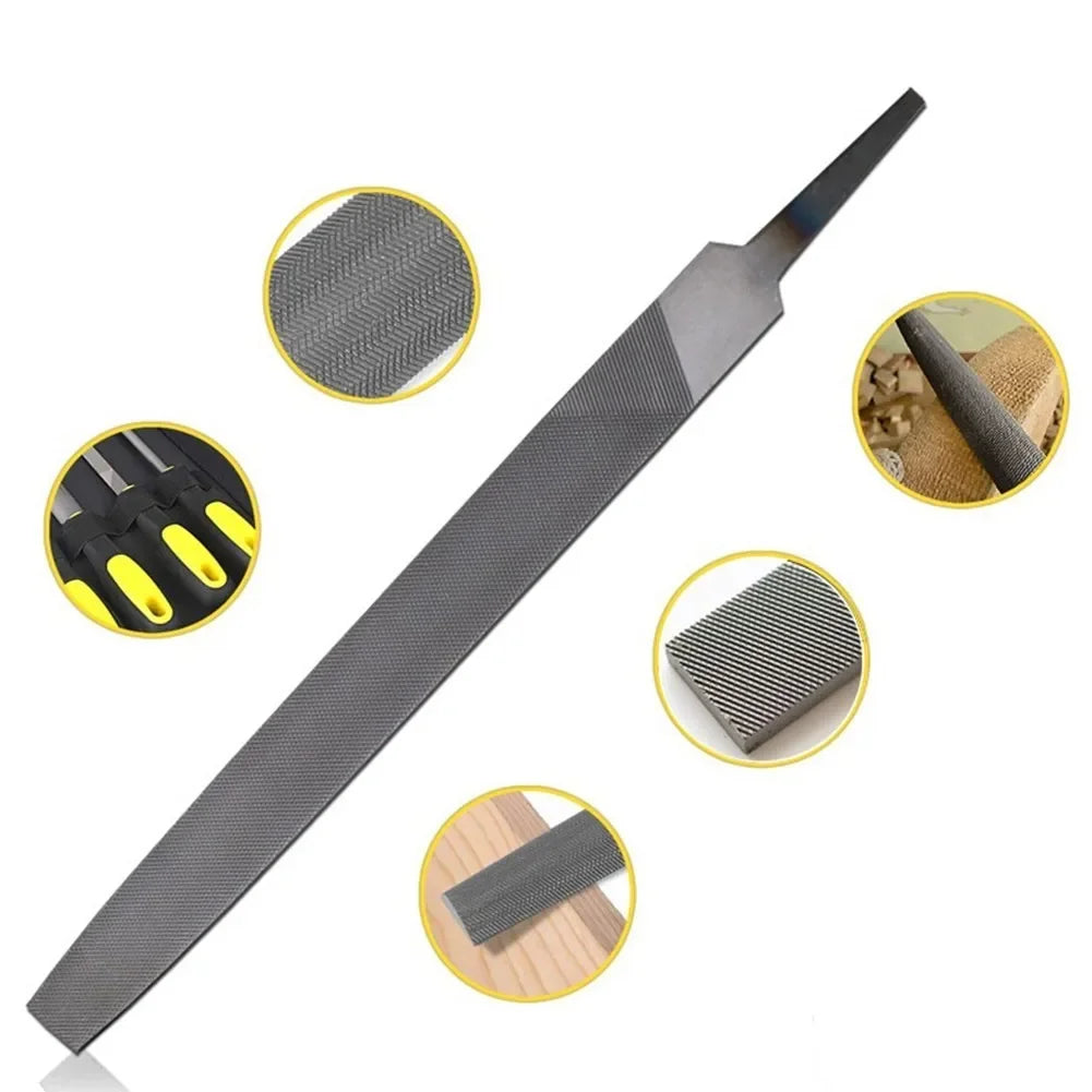 A 6-inch flat diamond file for chainsaw sharpening shown with various views and accessories.