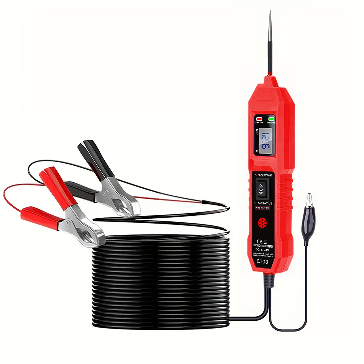 A red digital car circuit tester with an LED voltage display and probes is shown next to a coil of wires.