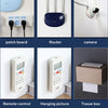 A set of transparent adhesive wall hooks, a router, a camera, a remote control, a hanging picture, and a tissue box.