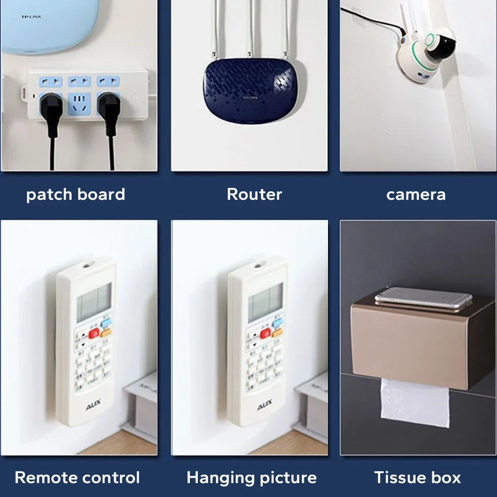 A set of transparent adhesive wall hooks, a router, a camera, a remote control, a hanging picture, and a tissue box.