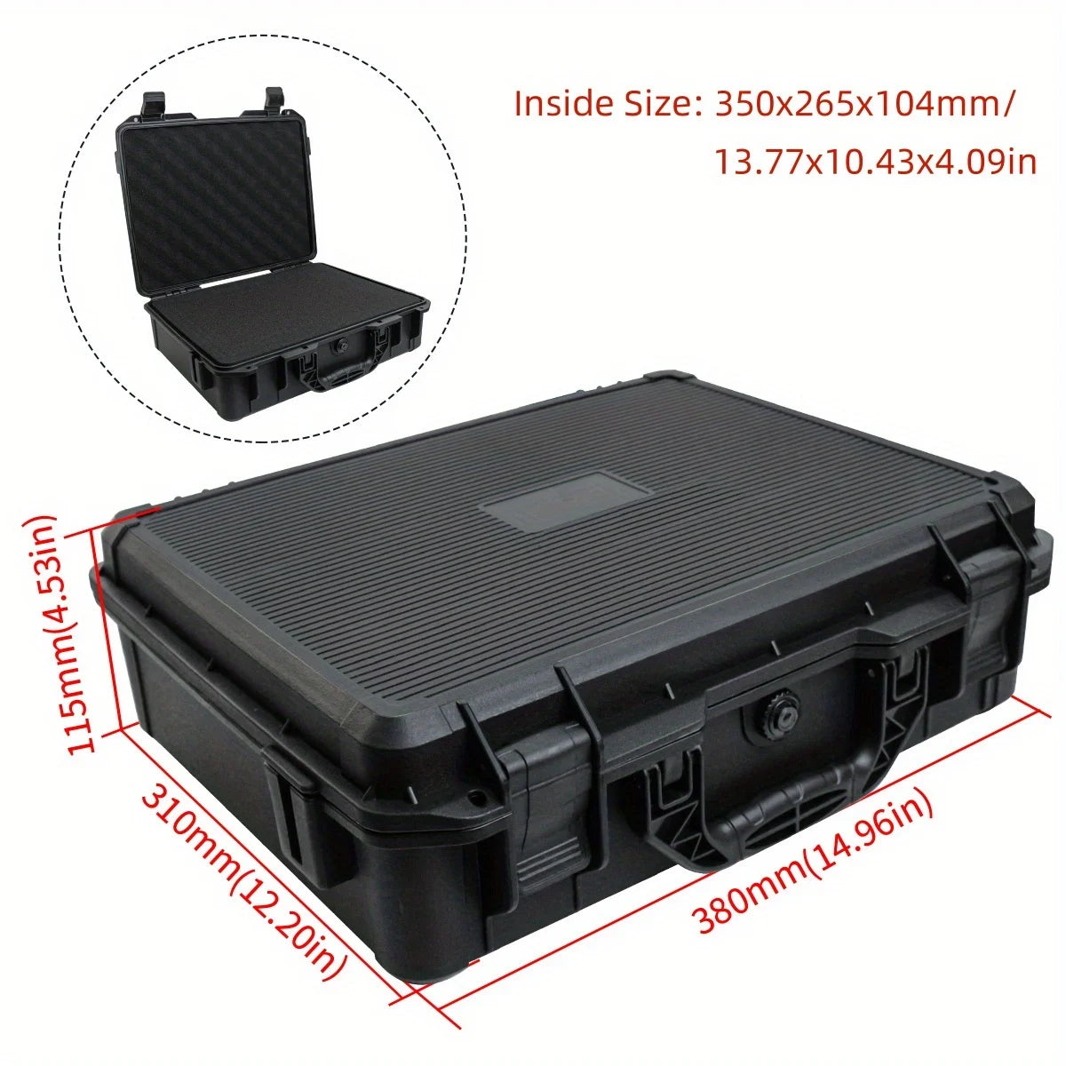 Black hard shell protective storage case for tools and instruments shown with internal dimensions and external measurements.