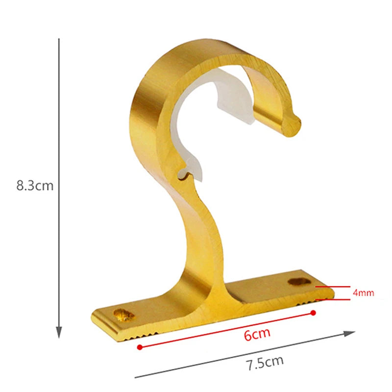 A brass curtain rod bracket featuring a curved hook and a flat base, with dimensions 8.3cm high and 7.5cm long.