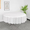 A white disposable round tablecloth is displayed on a table in a well-lit room.