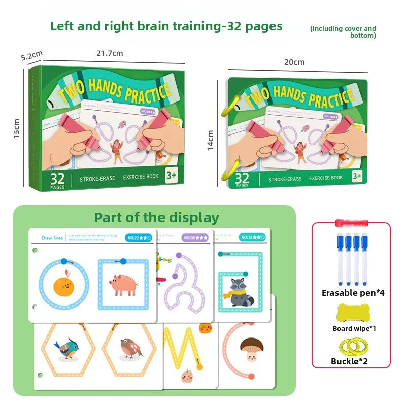 A set of 32 pages of left and right brain training exercise books with pens and erasers.