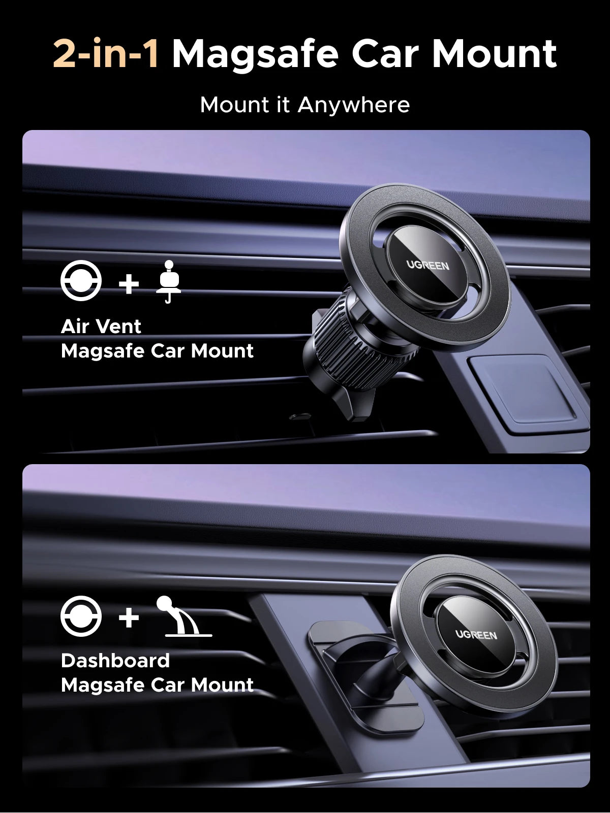 A 2-in-1 Magsafe car mount shown mounting onto an air vent and a dashboard.